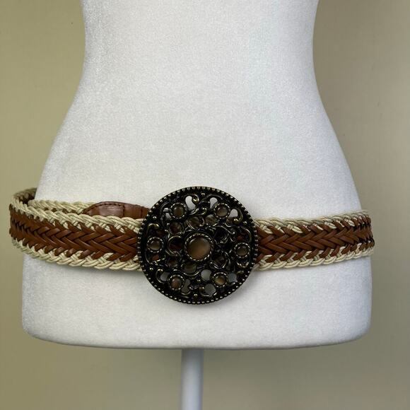 Womens Braided Two-toned Leather Belt with Large Jeweled Embossed Metal Buckle - Picture 1 of 16